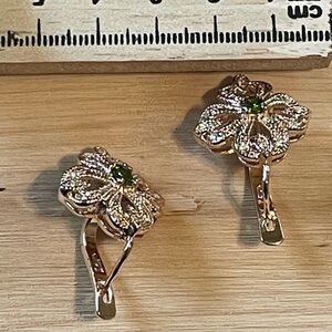 Green Crystal Floral Earrings | Gold Tone French Clip | New